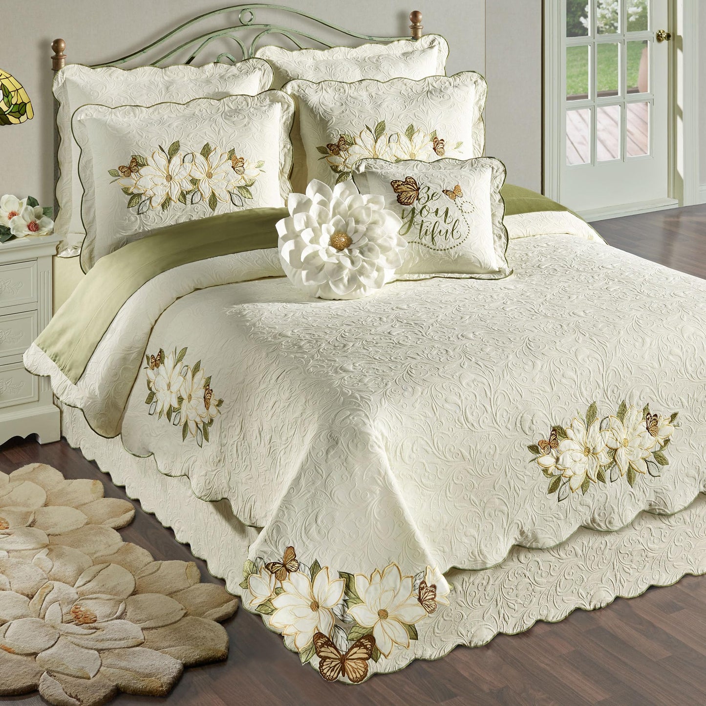 Sweetbay Garden Luxury Matelasse Bedding | Magnolia Flower, Butterfly, & Leaf Velvet Appliques | 4-Pc Ivory Textured Scroll Lightweight Bed Set with Oversized King Coverlet, Bedskirt, and 2 King Shams