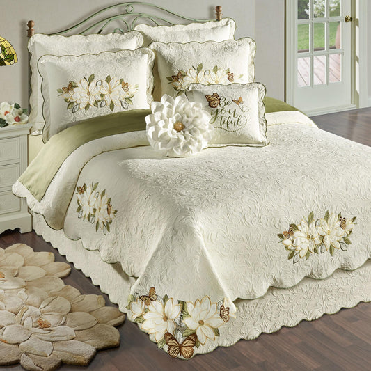 Sweetbay Garden Luxury Matelasse Bedding | Magnolia Flower, Butterfly, & Leaf Velvet Appliques | 4-Pc Ivory Textured Scroll Lightweight Bed Set with Oversized King Coverlet, Bedskirt, and 2 King Shams