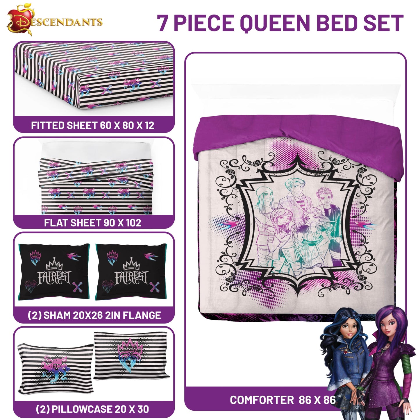 Jay Franco Kids Comforter Set Includes Sheets and Pillow Cover - Soft and Cozy Bed Set for Stylish Room Décor, Multi - Descendants, 7 Piece Queen