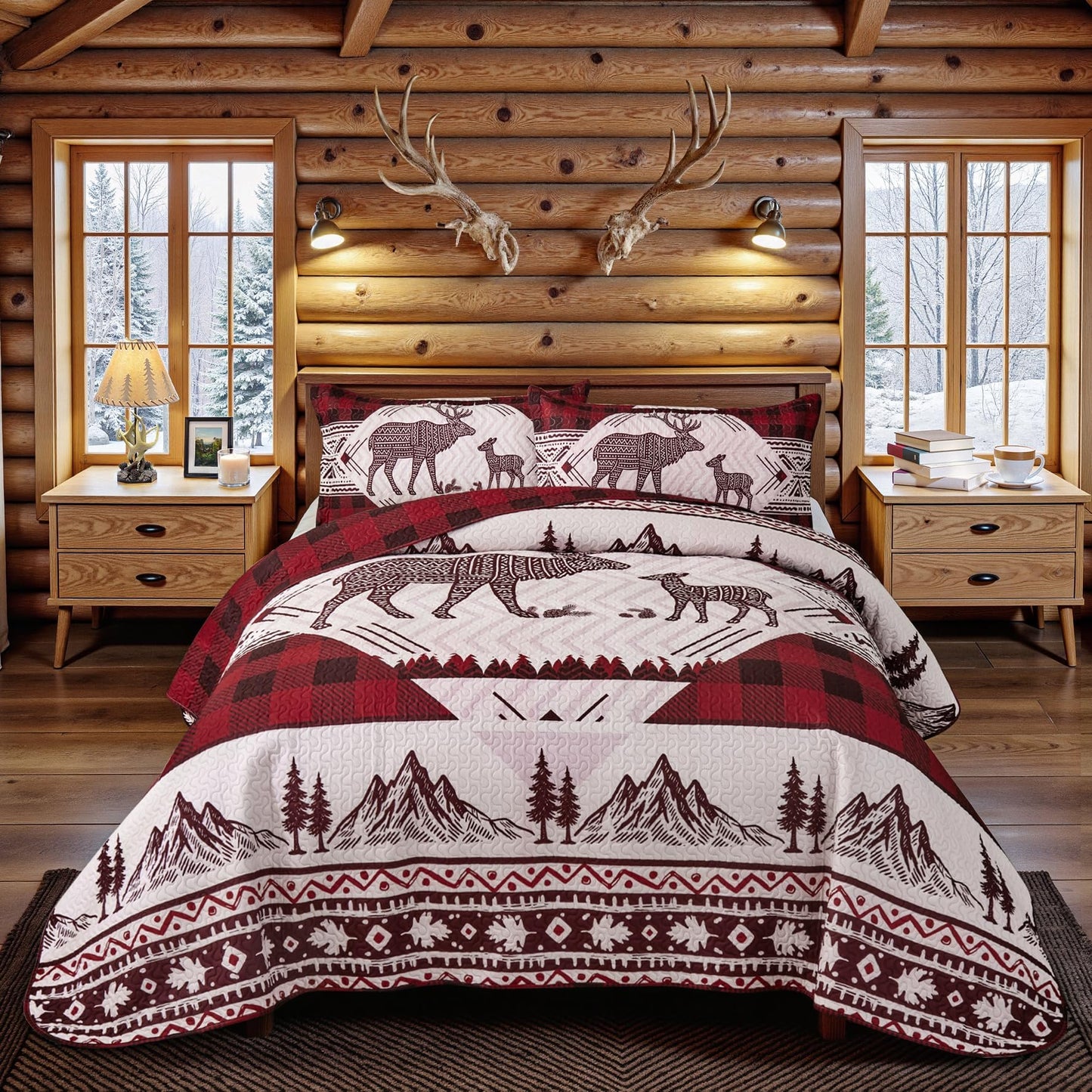 3 Piece Cabin Full/Queen Quilt Sets Christmas Rustic Reversible Microfiber Soft Lightweight Farmhouse Bedspread Comforter with 2 Shams Patchwork Country Lodge Bedding for All Season, 90''x96'', Red