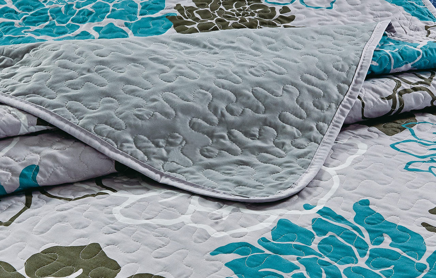 Masterplay 3-Piece Fine Printed Oversize (100inch X 95inch) Quilt Set, Bedspread Coverlet Queen Size Bed Cover (Grey with Black, Turquoise Blue Floral),Oversize Queen