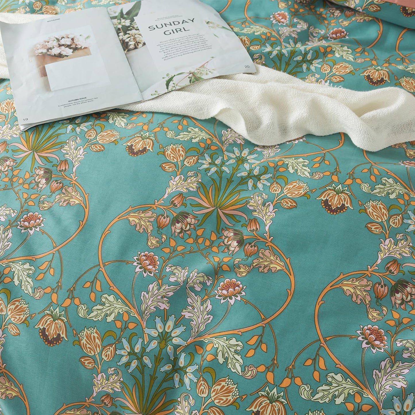Zusbest Boho Duvet Cover Set Queen Size 100% Cotton Floral Bohemian Comforter Cover Teal Green Printed Reversible Orange Bedding Luxury Crisp Soft French Country Bedding 3Pcs, Queen