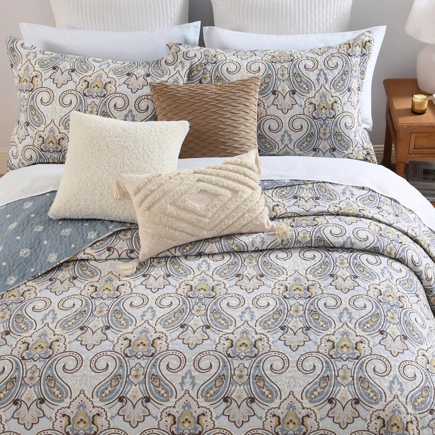 BCOTTOND Blue Paisley King Size Quilt Set - Reversible Paisley Brown Floral Quilts King Size, 100% Cotton Lightweight Bedspread Set, Luxury Quilt Bedding Set for King Bed, Light Blue, 106×98