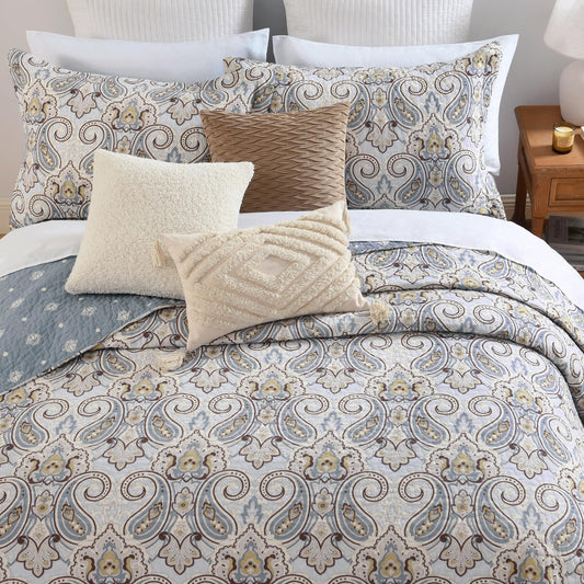 BCOTTOND Blue Paisley King Size Quilt Set - Reversible Paisley Brown Floral Quilts King Size, 100% Cotton Lightweight Bedspread Set, Luxury Quilt Bedding Set for King Bed, Light Blue, 106×98