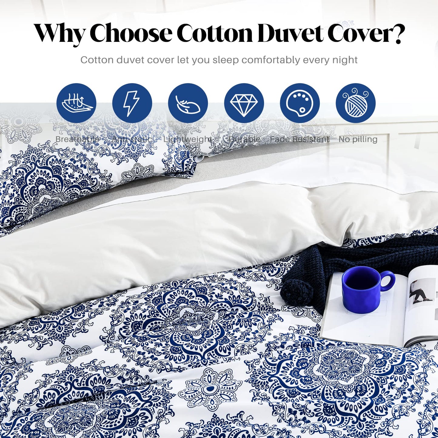 CozyDH 100% Cotton Home Damask Medallion Luxury Duvet Cover Set King Size Boho Paisley Print Bedding Set 400 Thread Count Prewashed Cotton Sateen Vibrant Bohemian Pattern (Royal Blue, King)