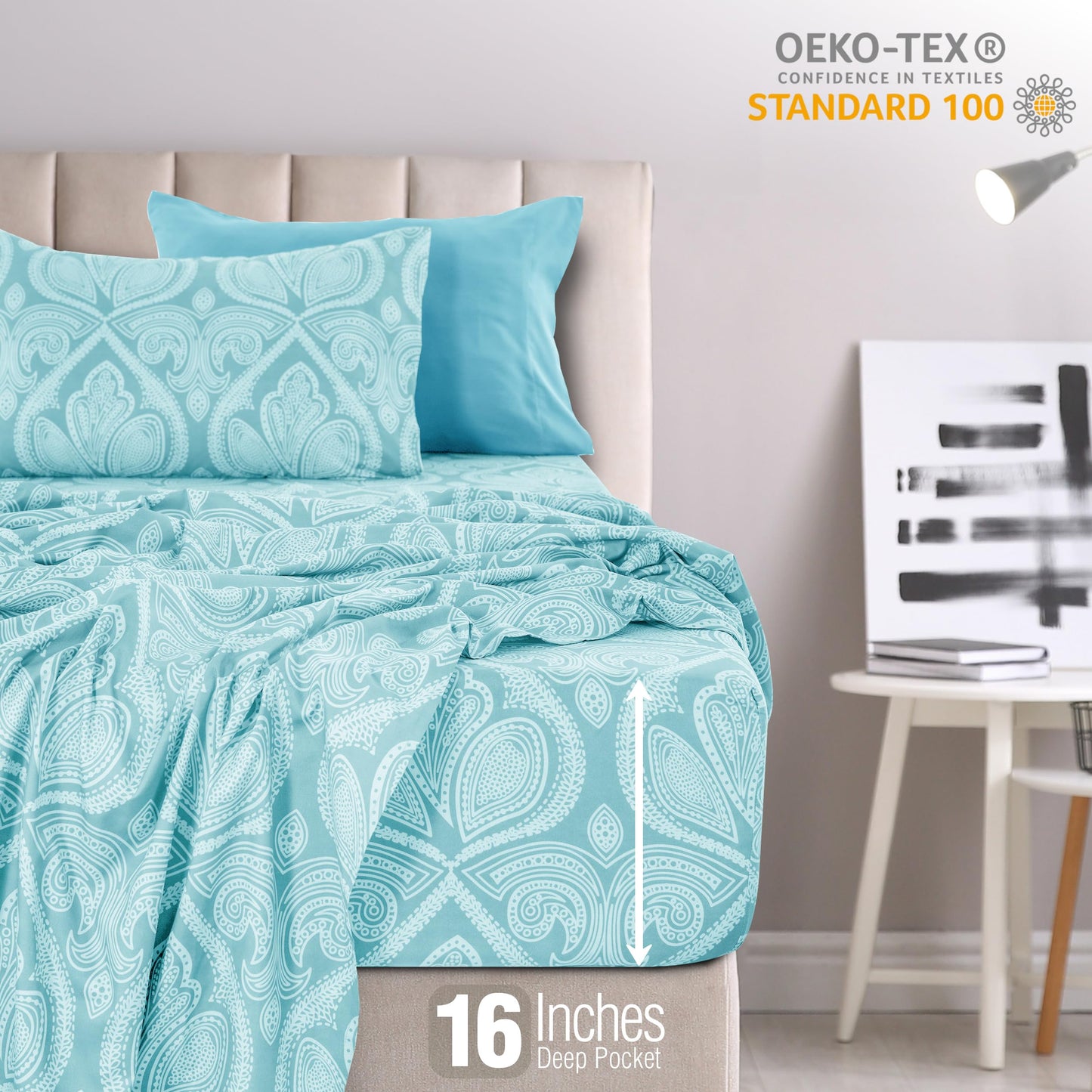 Ultra Soft Wrinkle-Free Microfiber Paisley Twin Sheet Set, Cute Floral Pattern Boho Print – 16" Deep Pocket Fitted Sheet, Flat Sheet & 2 Pillowcases, Breathable, OEKO-TEX - Blue