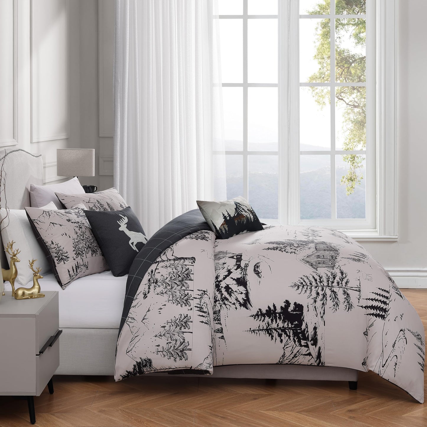 Bebejan Rocky Mountains 5 Piece Comforter Set, 100% Cotton Sateen, 220 Thread Count, Ivory Reversible Bedding Comforter Set, 1 Comforter, 2 Shams & 2 Pillows (King/Cal King)