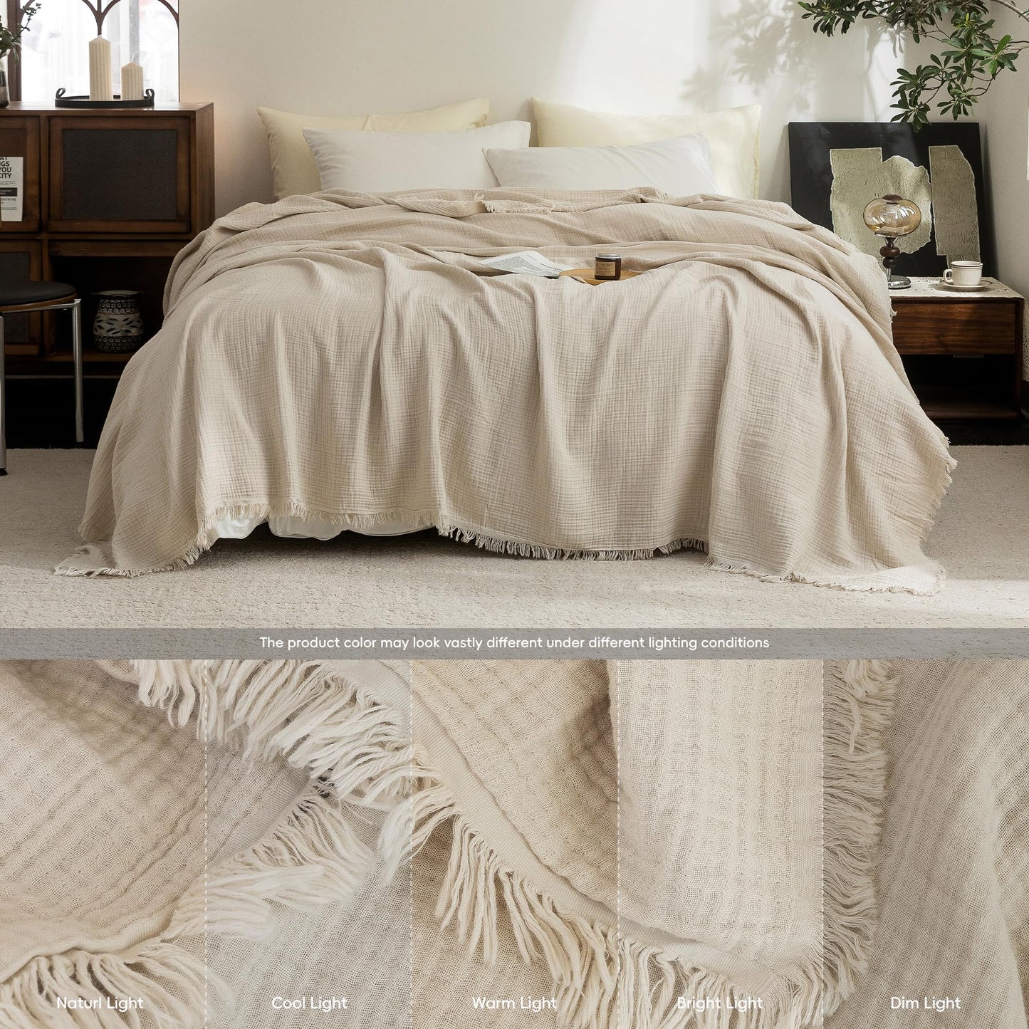 FOSSA Muslin Blanket with Fringe - 4-Layer 100% Cotton Gauze Super Soft & Breathable Throw -Lightweight Decorative Cooling Blanket for Bed, Sofa, Office (Beige, Throw (60" × 50"))