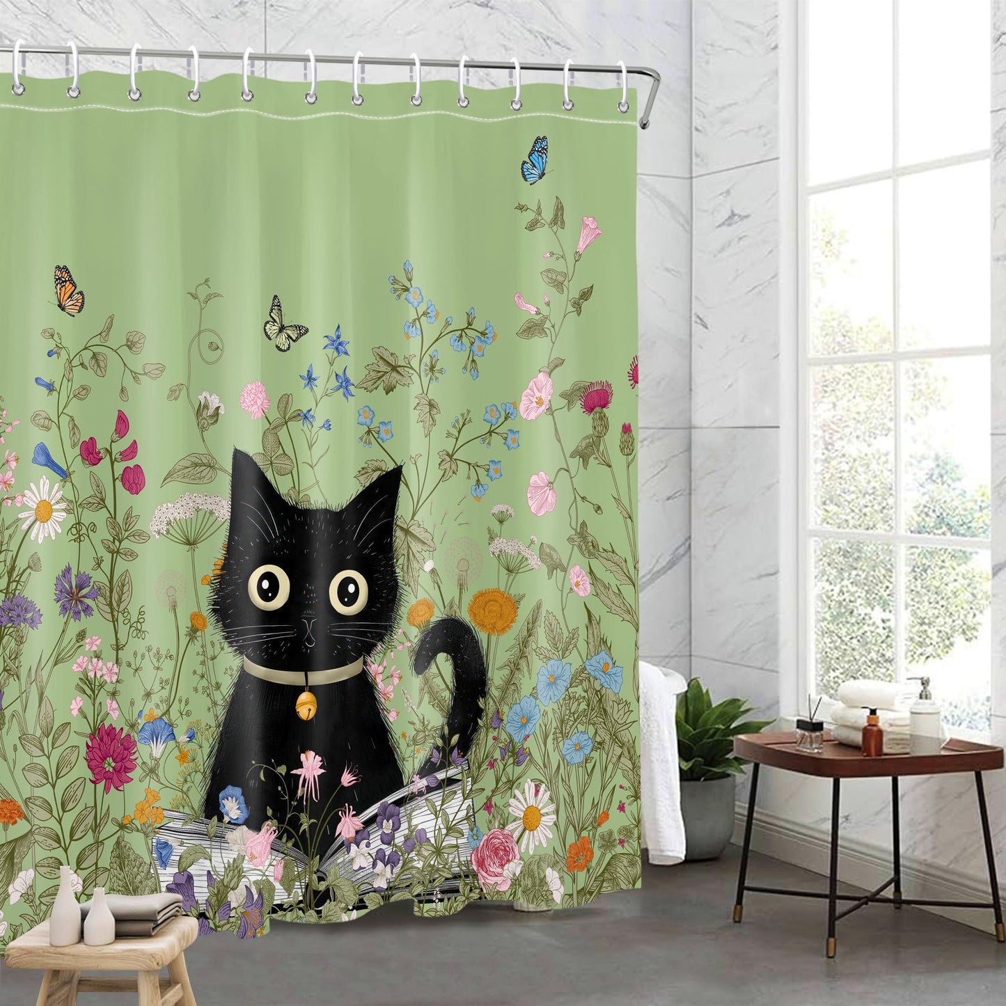 Art_Angels Cute Cat Shower Curtain Wildflower Plant Shower Curtains for Bathroom Flower Butterfly Shower Curtain Set Polyester Waterproof Cloth Fabric with Hooks, 72x72 Inches, Green