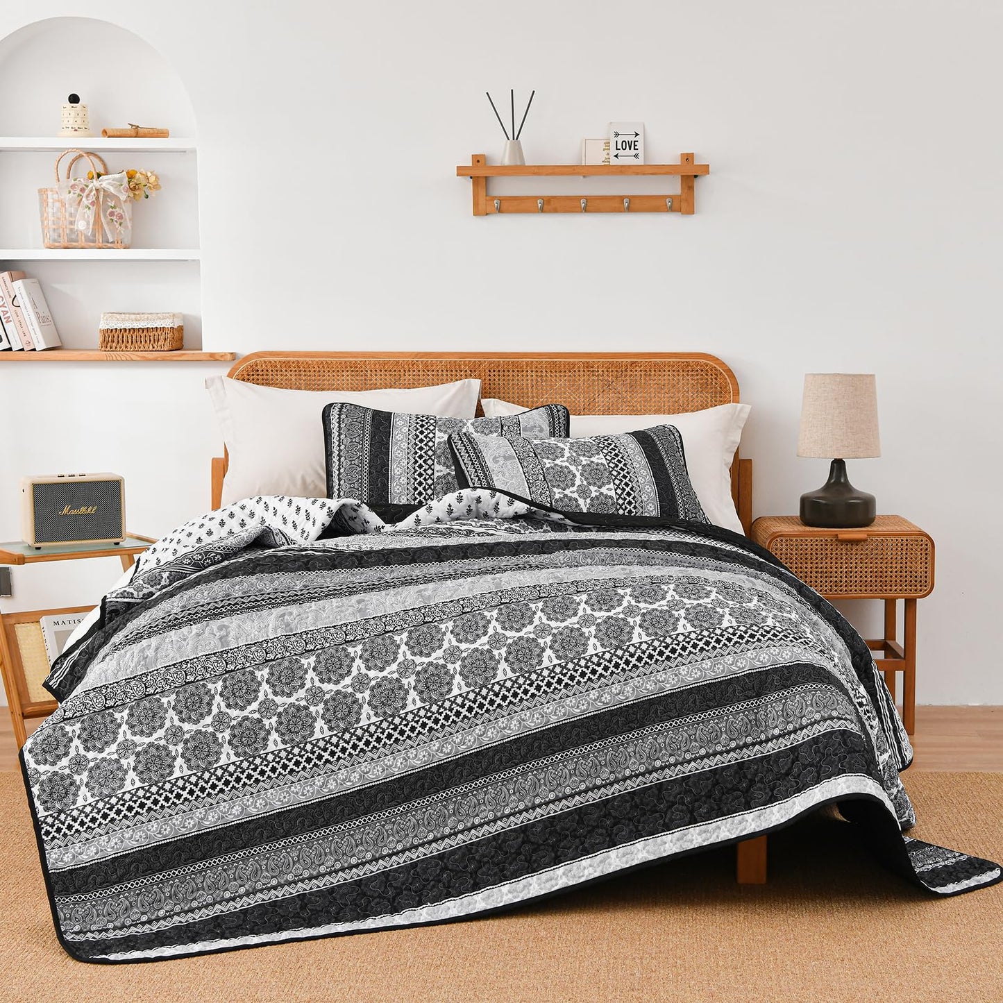 WONGS BEDDING Boho Quilt Set King Size, Grey Bohemian 3 Pieces Quilt Sets, Lightweight Bedspread Coverlet Bedding Set for All Season (104"x90")