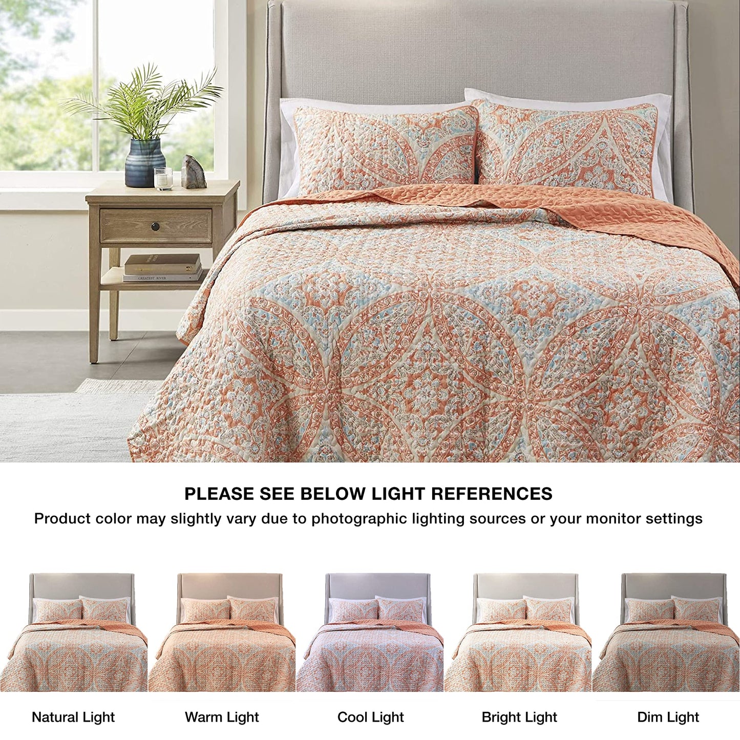 Comfort Spaces Reversible Quilt Set-Vermicelli Stitching Design All Season, Lightweight, Coverlet Bedspread Bedding, Matching Shams, Full/Queen (90 in x 90 in), Gloria Damask Coral 3 Piece