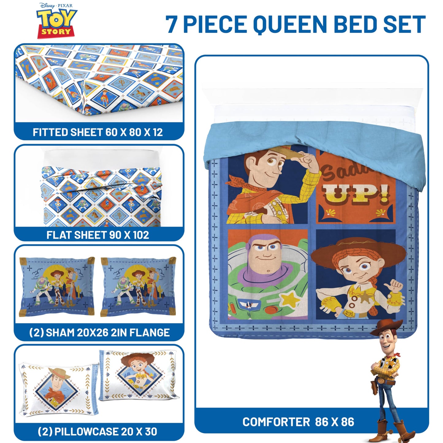 Jay Franco Kids Bed Set, Blue, Toy Story, 7 Piece Queen