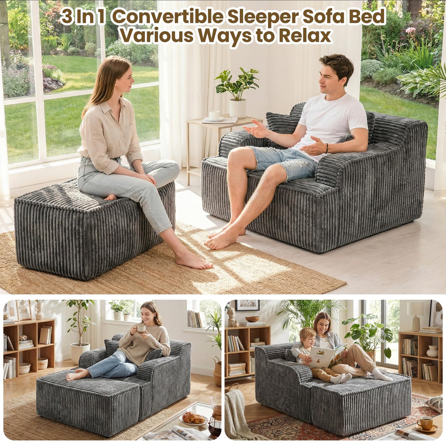feliz home Chaise Lounge Chair Indoor,Boneless Chair with Ottoman,Comfy Reading Chair for Adults,Small Sofa Bed Couch for Living Room,Single Sleeper Chair Bed,Grey