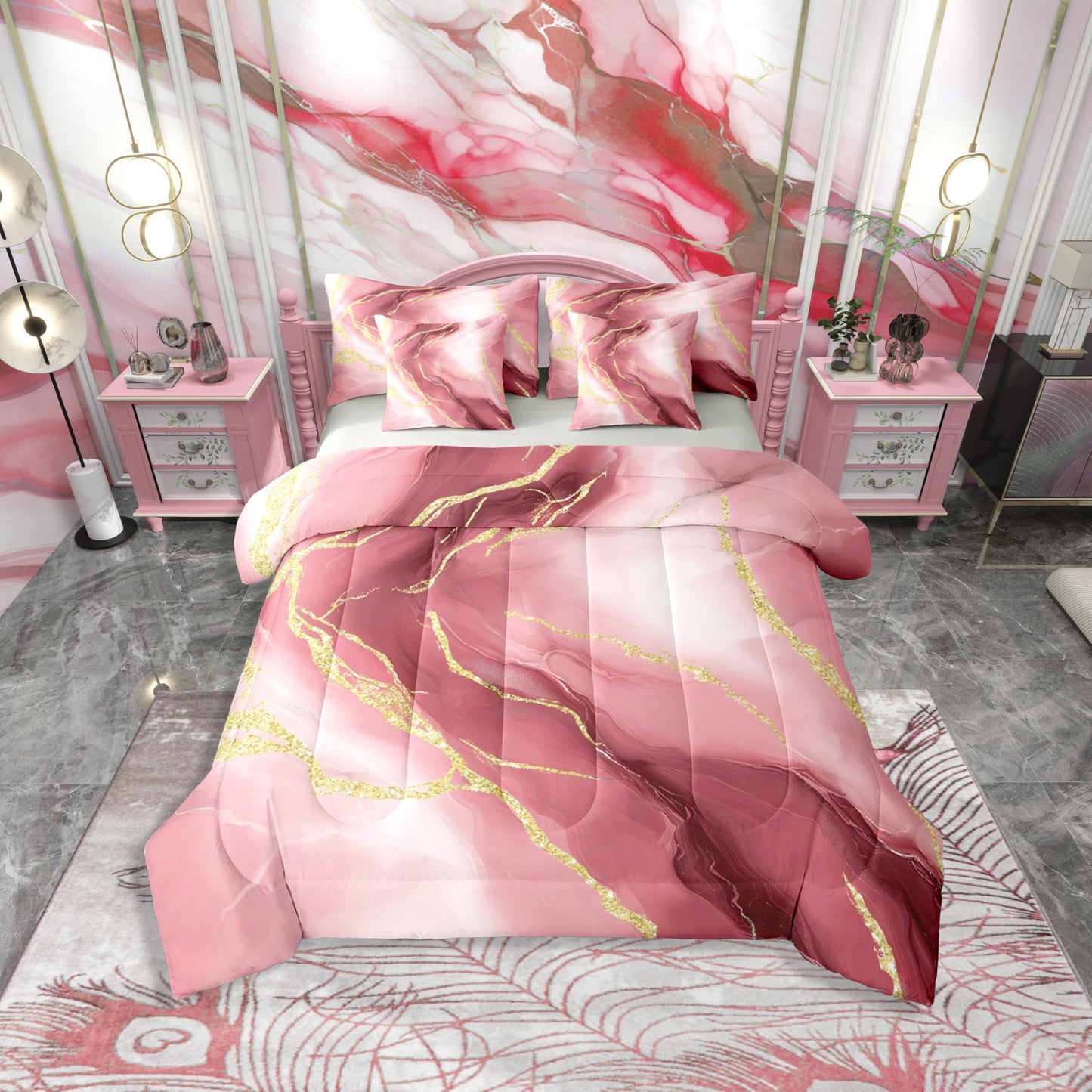 Erosebridal Burgundy Marble Bedding Set King Gradient Texture Marbling Comforter Set 7 Piece Modern Watercolor Aesthetics Bed in A Bag Gold Abstract Luxury Metallic Fluid Quilt with Flat Fitted Sheet