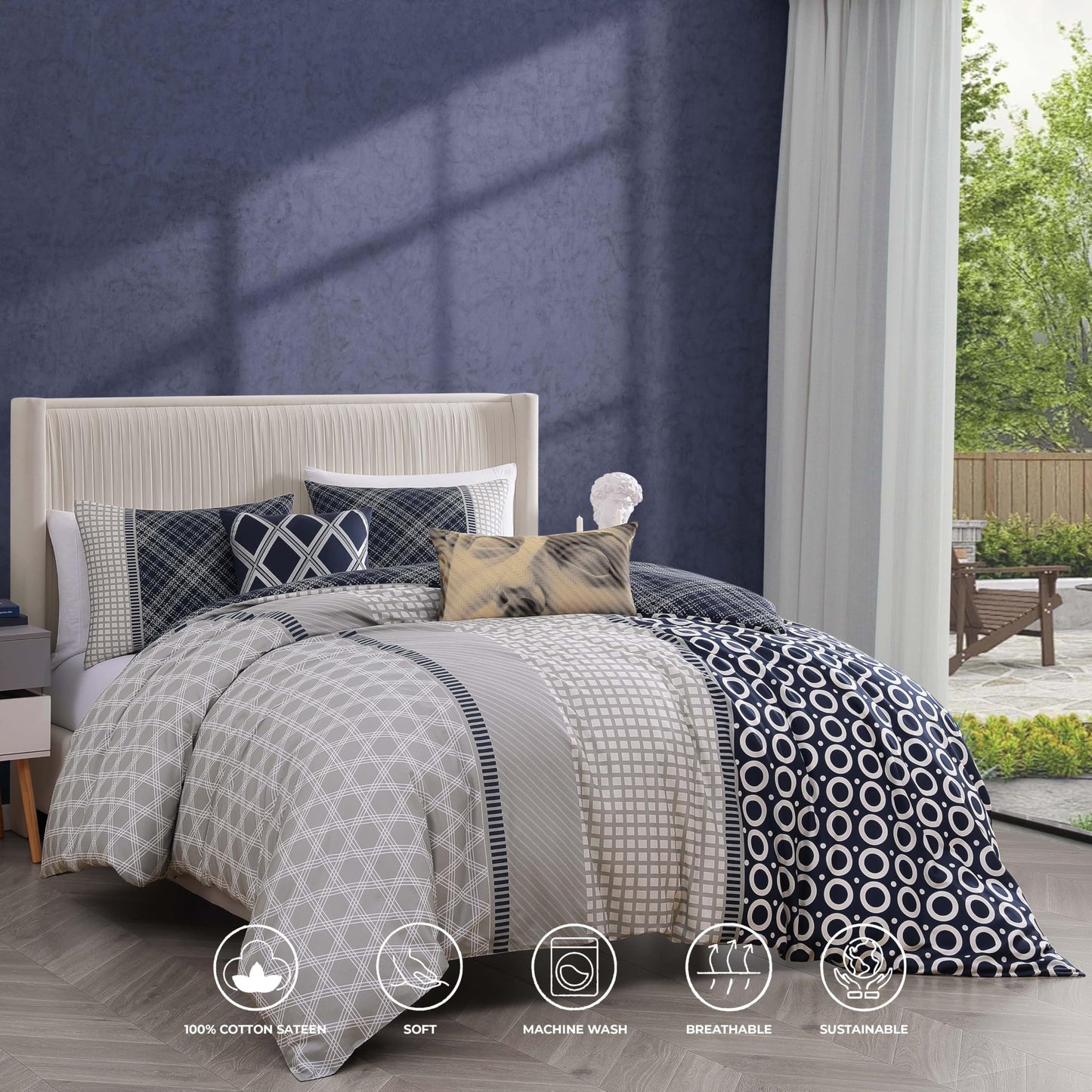 Bebejan Vertigeo 5 Piece Comforter Set, 100% Cotton Sateen, 220 Thread Count, Navy Blue, Geometric Reversible Bedding Comforter Set, 1 Comforter, 2 Shams & 2 Pillows (King/Cal King)