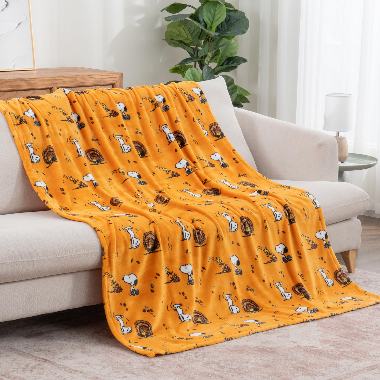 Berkshire Blanket Peanuts® VelvetLoft® Cute Character Snoopy Plush Throw Blanket,Snoopy and Woodstock Fall Birds & Leafs Orange,Throw 55 in x 70 in (Official Peanuts® Product)