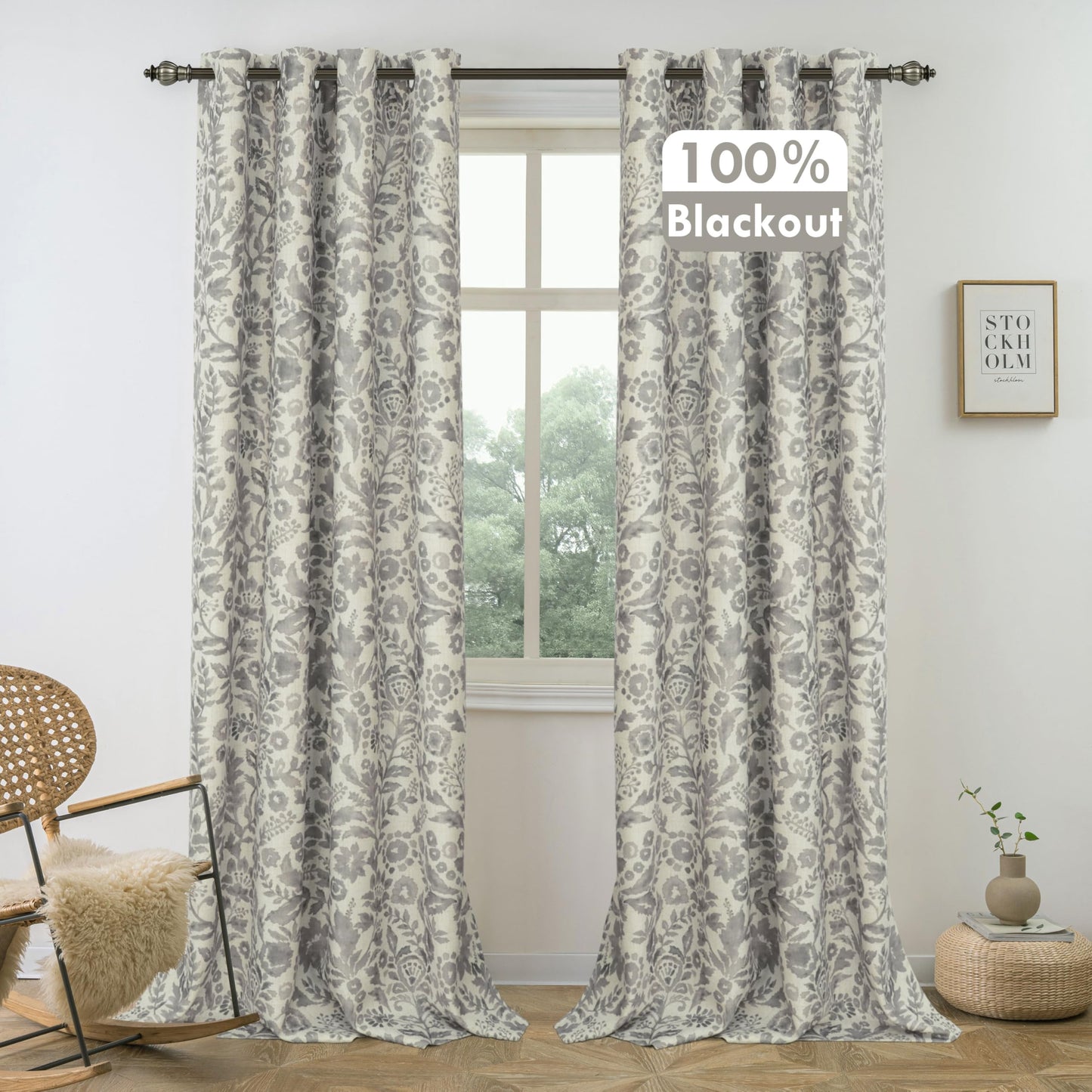 DriftAway Julia 100% Blackout Linen Curtains for Bedroom Gray Floral Watercolor Pattern Double Layer Thermal Insulated Sound Reducing Drapes for Living Room Grommet 2 Panels Each W52 x L84 Linen Gray