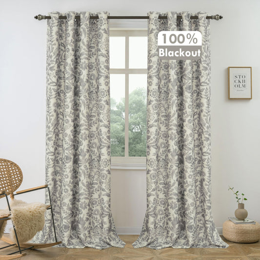 DriftAway Julia 100% Blackout Linen Curtains for Bedroom Gray Floral Watercolor Pattern Double Layer Thermal Insulated Sound Reducing Drapes for Living Room Grommet 2 Panels Each W52 x L84 Linen Gray
