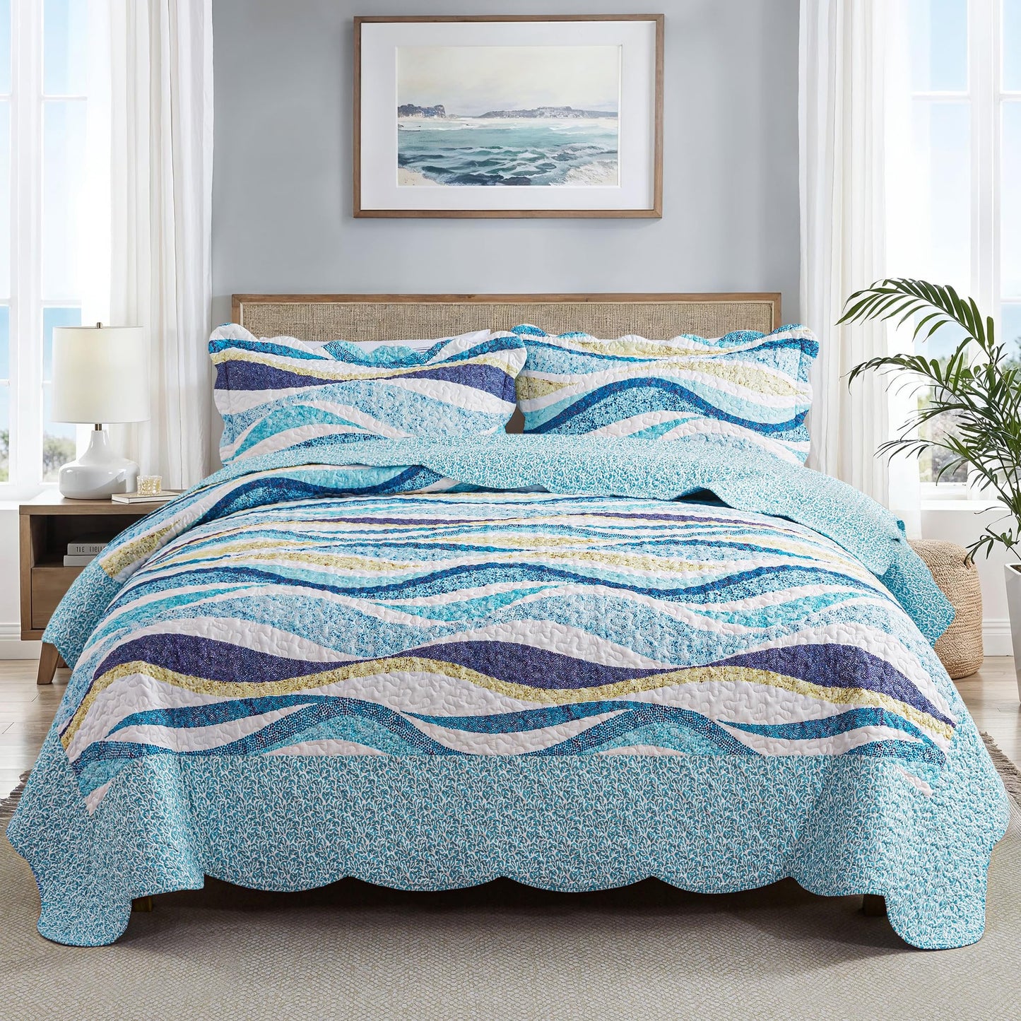 HoneiLife Queen Bedspreads Oversized - 106"x106" Coastal Quilt Sets, Beach Quilt 3-Piece, Nautical Bedspreads Ocean Coverlets, Lightweight Bed Cover, Summer Quilts