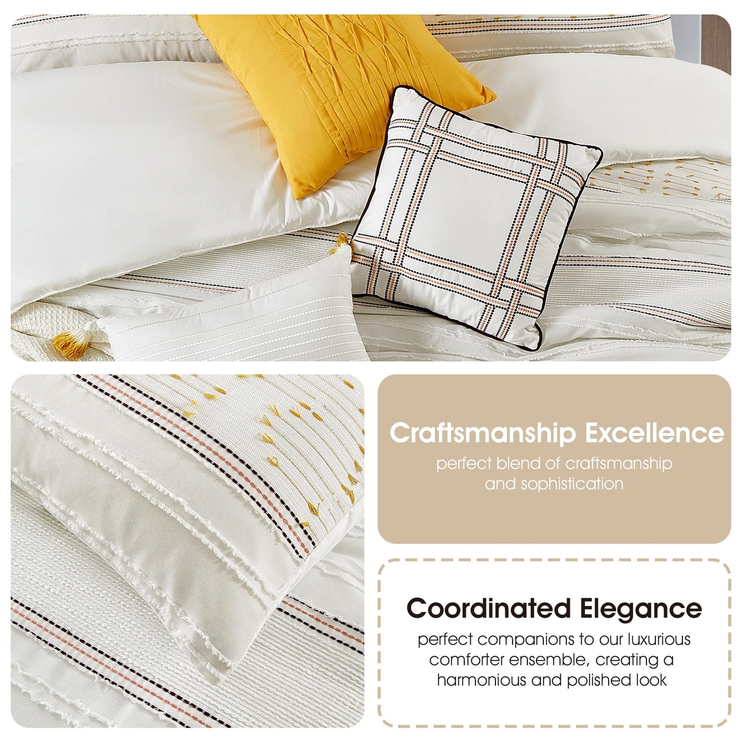 Stratford Park White Yellow Jacquard Comforter Set Queen Size, 7 Piece Striped Bedding Set, All Season Home Decor, Matching Pillow Shams, Bedskirt, Decorative Pillows