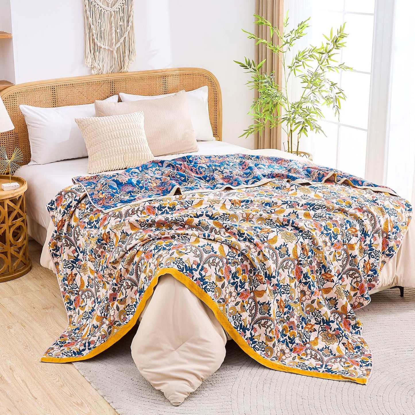 XIBLC Boho Blanket Throw Quilt, 100% Cotton Soft Light Weight Throw Blankets for Summer, 60"x80" Farmhouse Flower Decorative Blankets, All Season Rustic Reversible Bohemian Throw Quilt