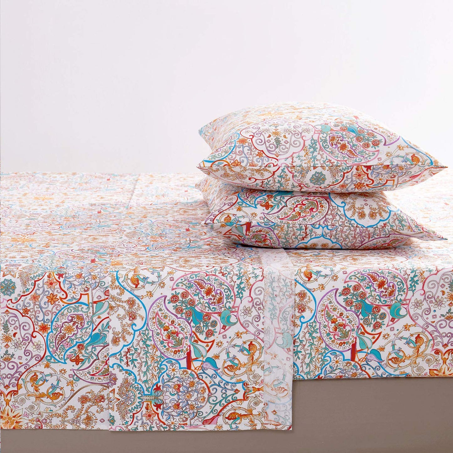 Wake In Cloud - Boho Bed Sheets, 100% Cotton, 4-Piece Sheet Set, Bohemian Hippie Chic Paisley Patterned Aesthetic Bedding, Deep Pocket, Turquoise Orange, Queen Size