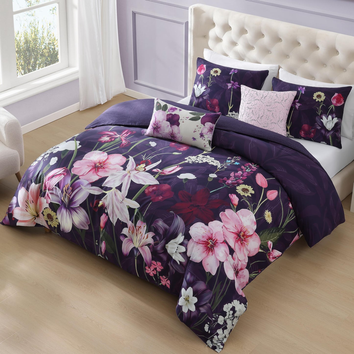 Bebejan Morning Glory 5 Piece Comforter Set, 100% Cotton Sateen, 220 Thread Count, Purple Floral Reversible Bedding Comforter Set, 1 Comforter, 2 Shams & 2 Pillows (King/Cal King)