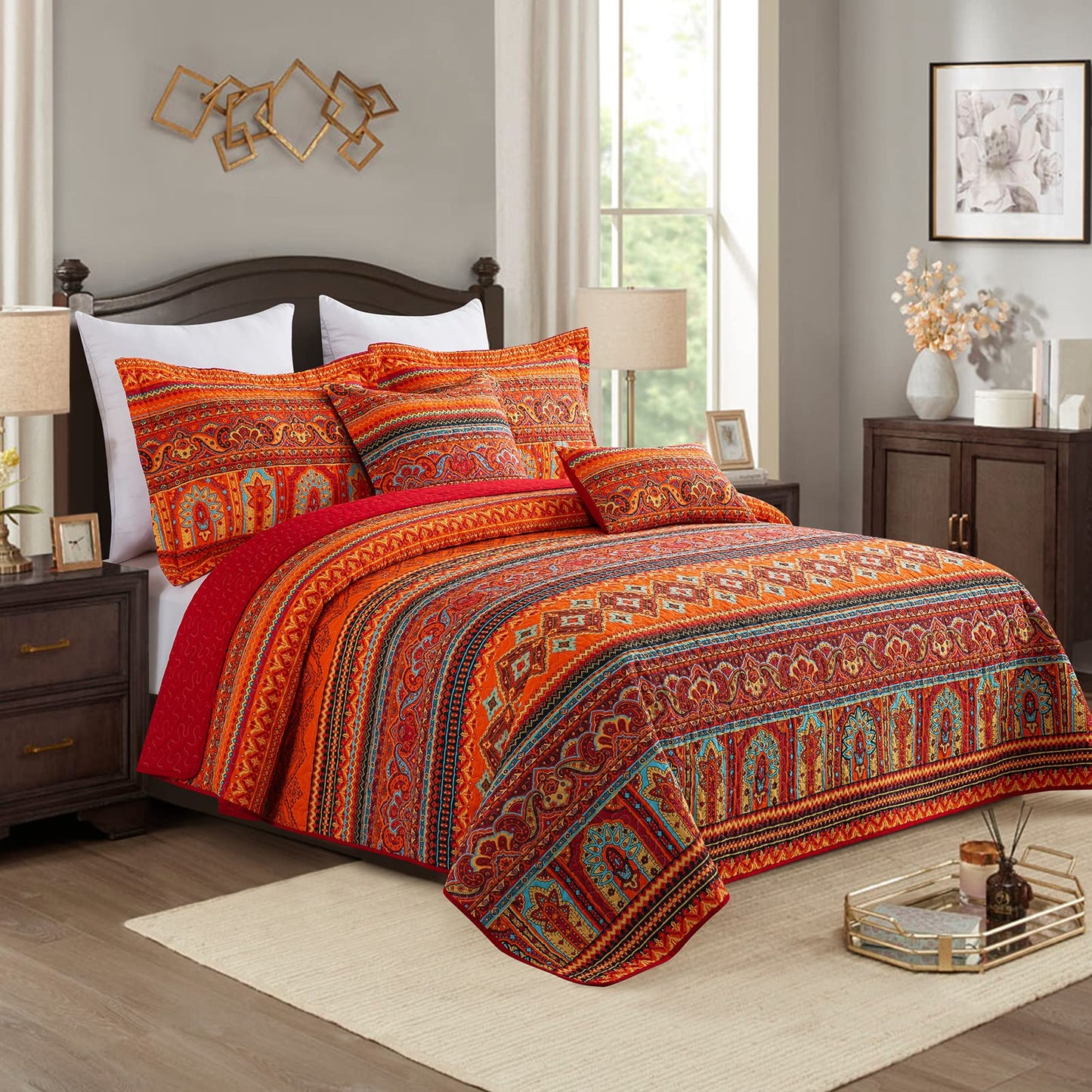 TWINRUN Cotton Quilt Queen, 3 Piece Boho Bedspread Queen Size(90 x 98 Inch)， Lightweight Vibrant Orange Red Bohemian Stripes Bedspread, Cotton Coverlet for All Seasons
