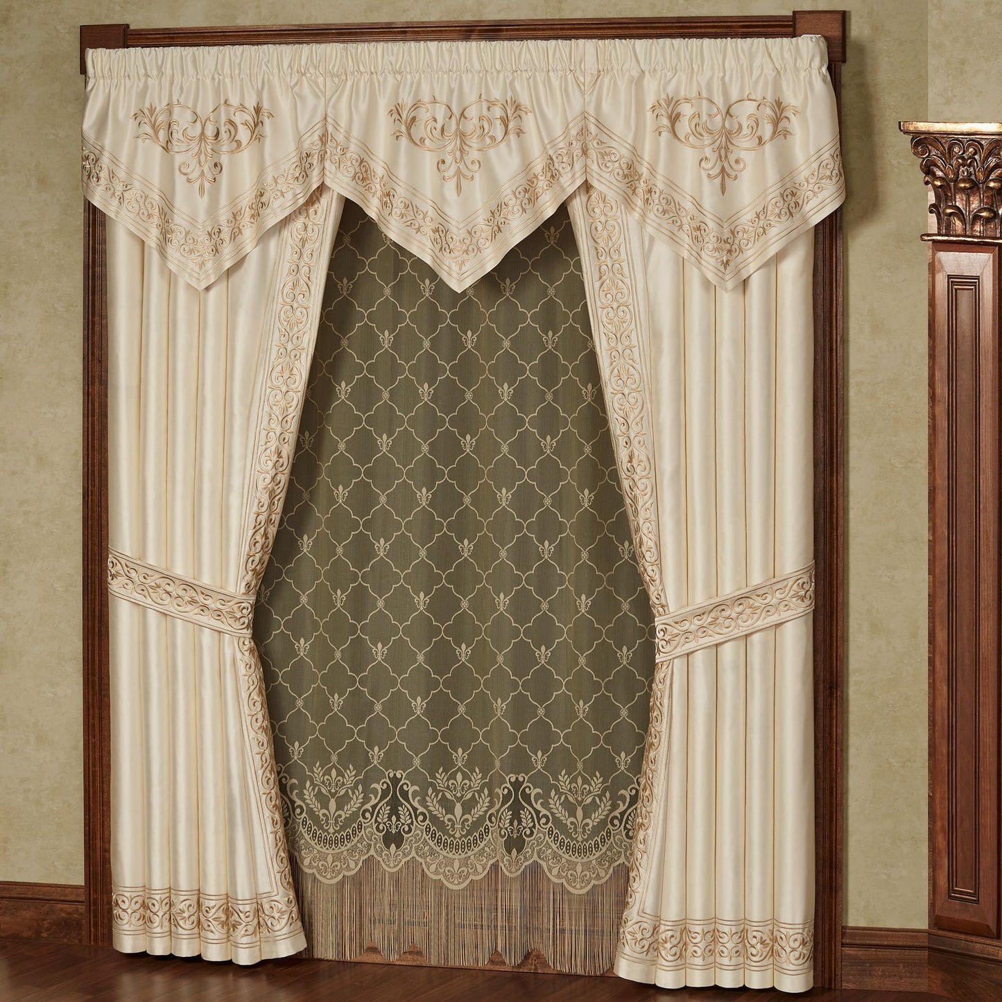 Touch of Class Versailles Window Ascot Valances & 96L Curtains, Pearl