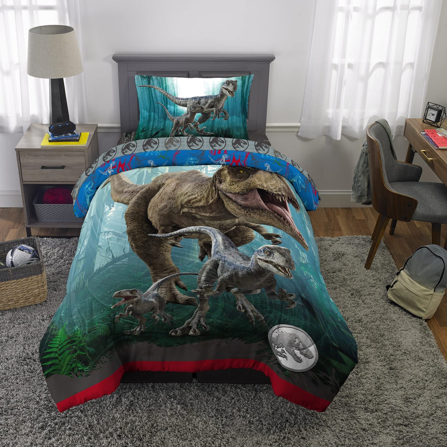 Jurassic World Dominion Blue Velociraptor and Rexy T-Rex Super Soft Microfiber Reversible Comforter, Twin Size, Bedding by Franco Kids