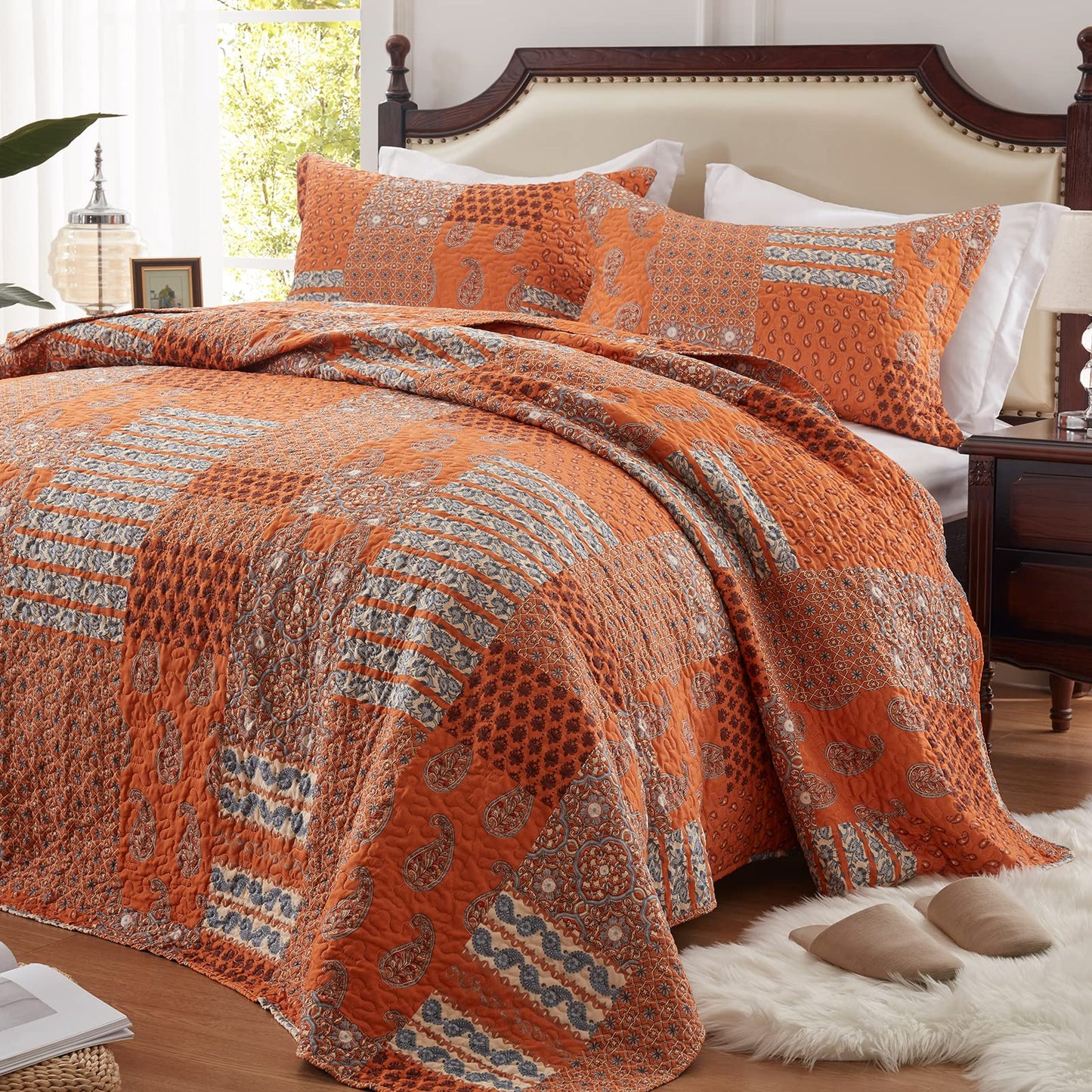 LEAONME Quilt Set King Size 3 Piece Bedspread Coverlet Lightweight Comforter Microfiber Bedding Set for All Season Oversized 98x106 Inch Bed Cover Paisley Burnt Orange/Rust (1 Quilt, 2 Pillow Shams)