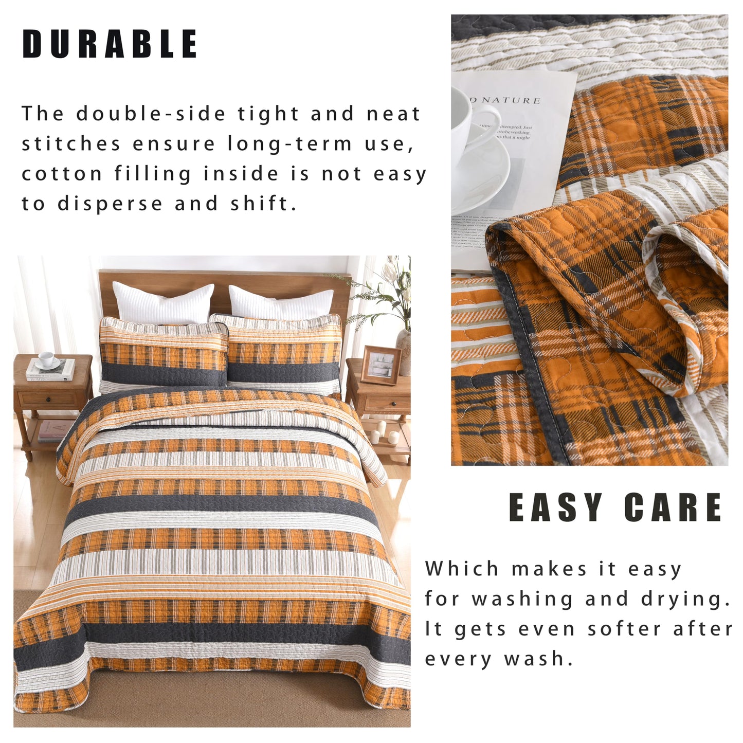 Homzard 100% Cotton King Size QuiltSet,Lightweight Striped Plaid Orange Black Quilts Bedspread Set,Farmhouse Neutral Bedding Comforter Set 3 Pieces Bed Set King