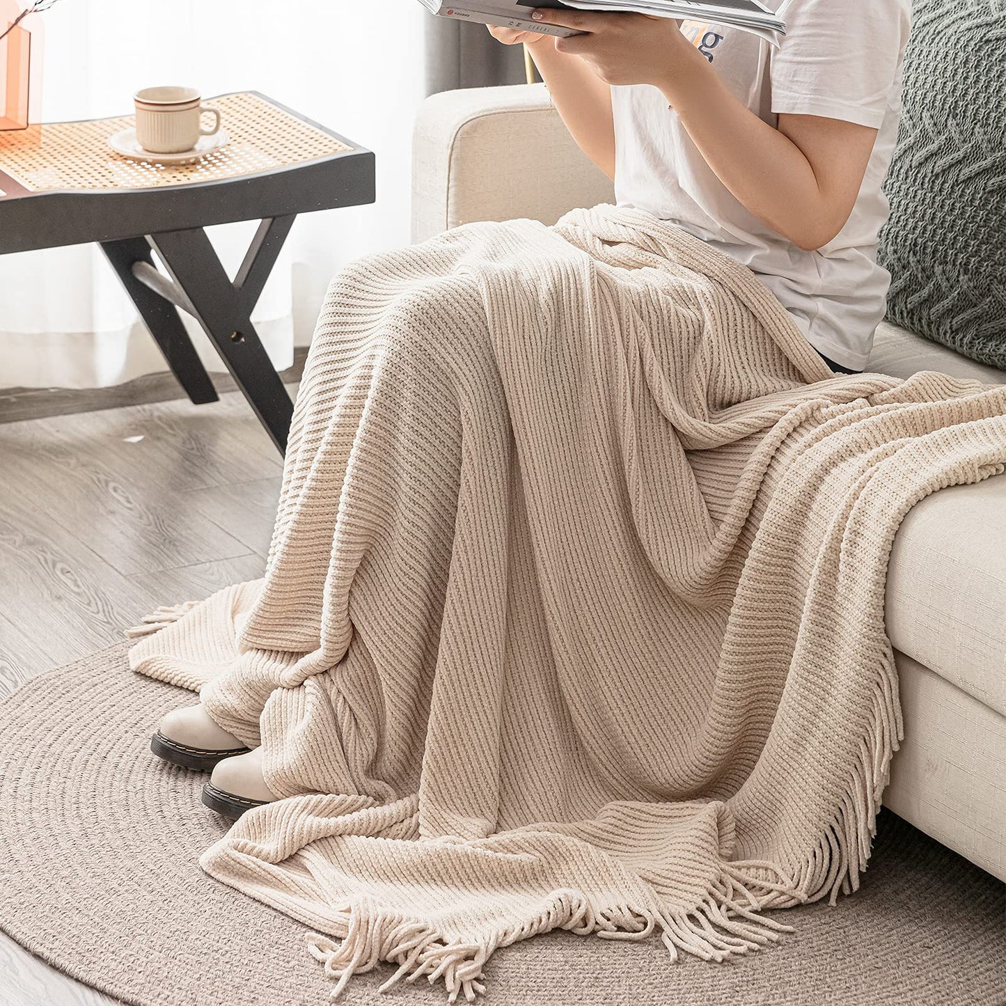 lifein Throw Blanket for Couch - Soft Boho Throw Blanket, Cozy Knit Small Lightweight Blankets & Throws for Bed,Chair,Sofa,Living Room,Home Decor(50 * 60 inches)