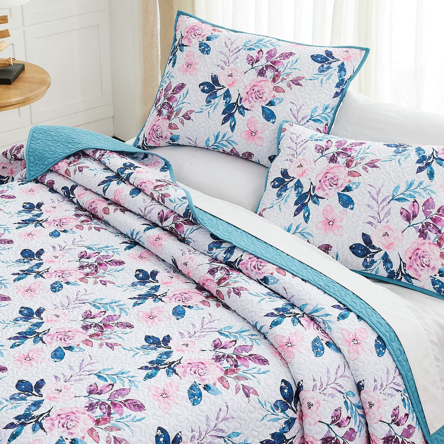 WRENSONGE Floral Quilt Queen Size - Reversible Botanical Flower Quilt Bedding Set Lightweight Bedspread Soft Coverlet for All Seasons (90"x94")