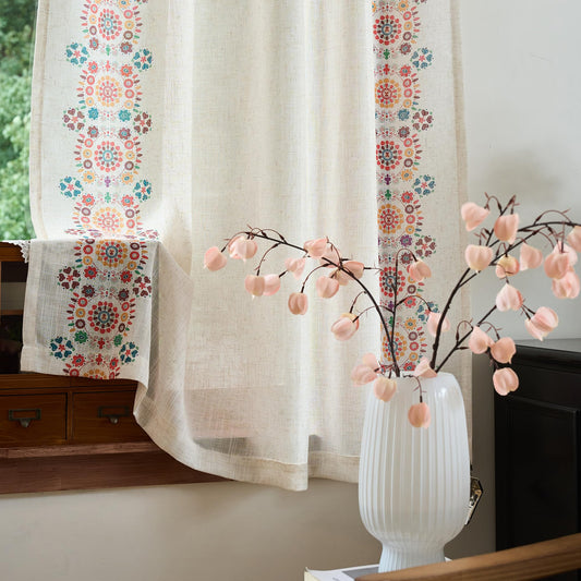 MEETSKY Boho Linen Curtains for Bedroom Living Room 84 Inches Long Farmhouse Floral Patterned Print Light Filtering Drapes Country Cottagecore Back Tab, 2 Panels, 50" Wide