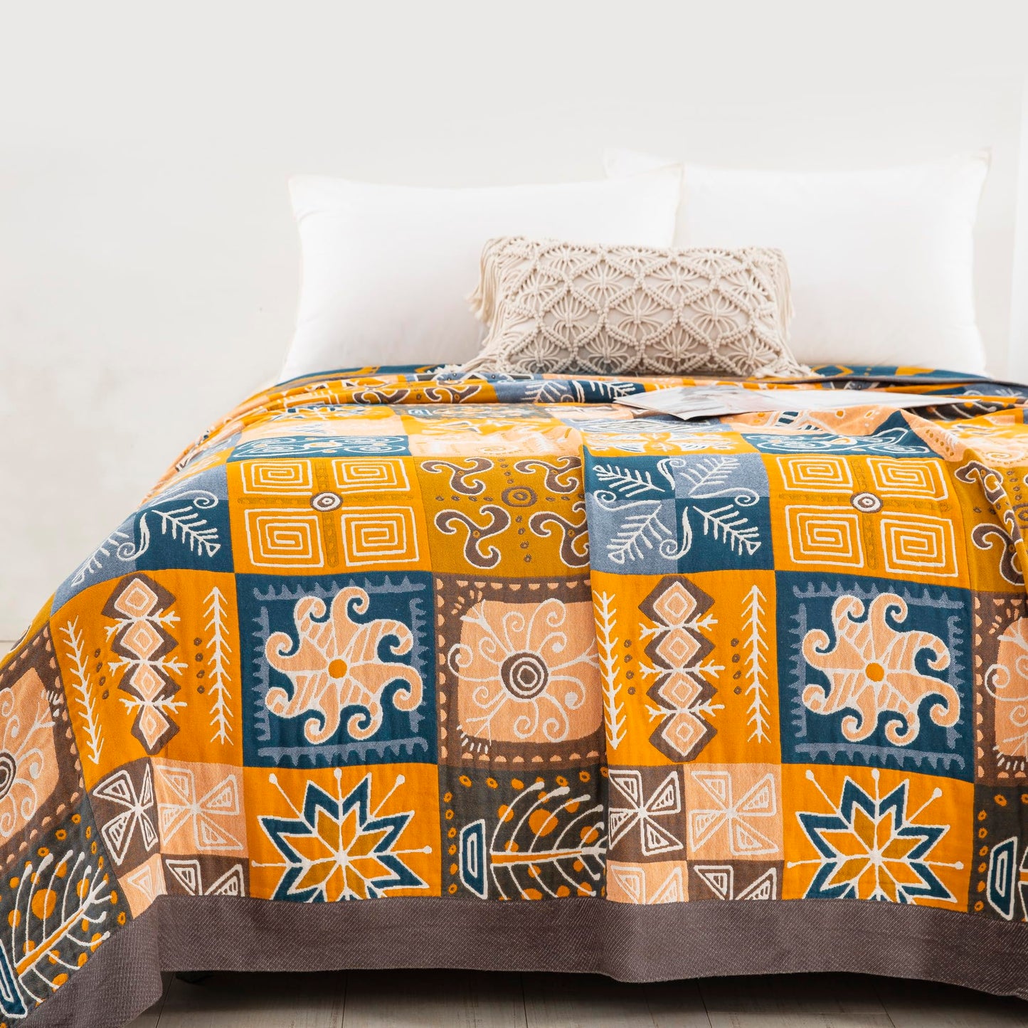 Purefair 100% Muslin Cotton Throw Blanket for Bed Couch Chair, Bohemian Tribal Patchwork Retro Quilt Ultra Soft Reversible Gauze Blanket for All Season, 60"x80"