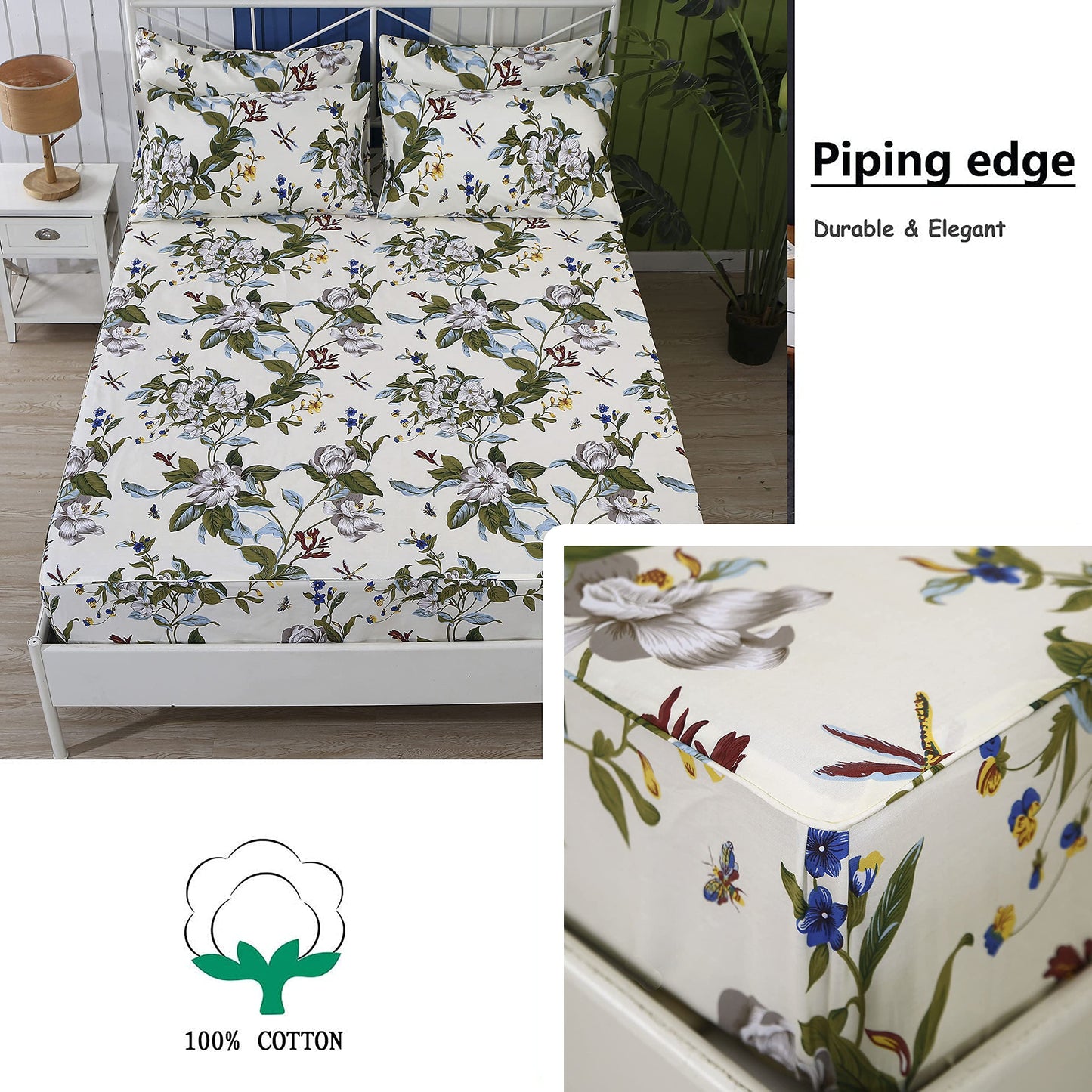 FADFAY Shabby Floral Sheets King 100% Cotton 600 TC White Flower and Green Leaves Bedding Vintage Garden Botanical Print Country Side Bed Sheet Soft Deep Pocket Sheet 17.5'',Beige