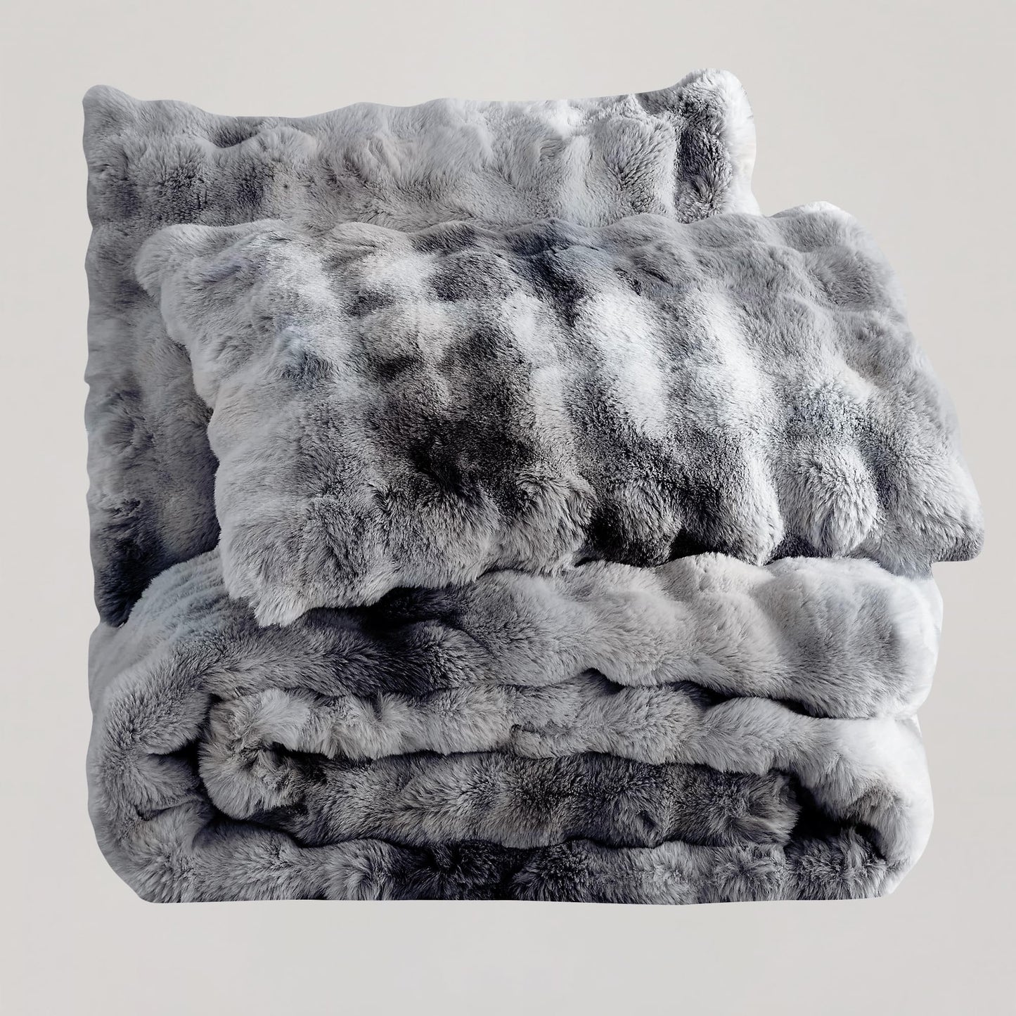 Wonderful 3 Pieces Fluffy Faux Rabbit Fur Bubble Comforter Set King Size, Tie-Dyeing Multiple Grey Plush Fuzzy Bedding Set, Warm Soft Bubble Comforter Bedding Set for Winter