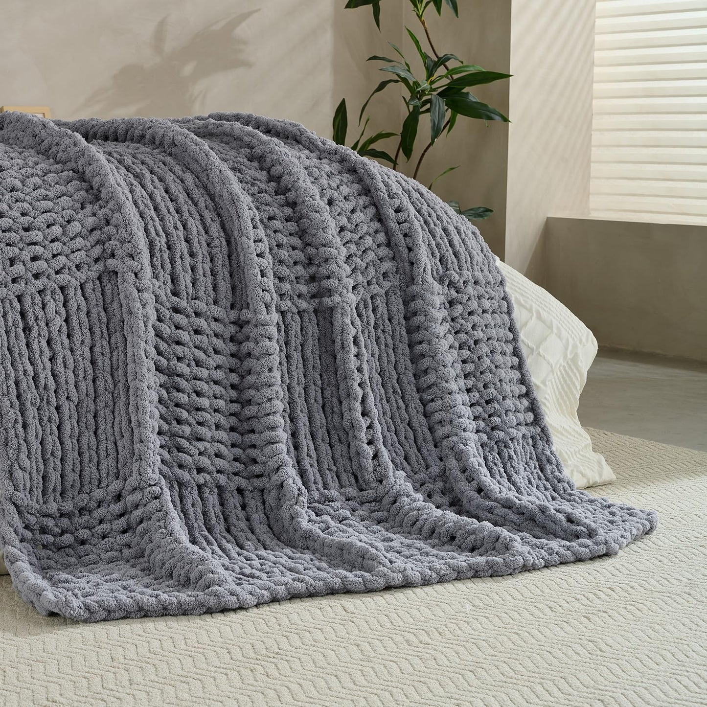 WZOWZO Chunky Knit Blanket Throw 50x60 Inches,Handmade Cable Knit Crochet Blanket,Cozy Lightweight All Season,Wrinkle-Resistant Polyester for Couch Bed Sofa Reading Nook,Grey