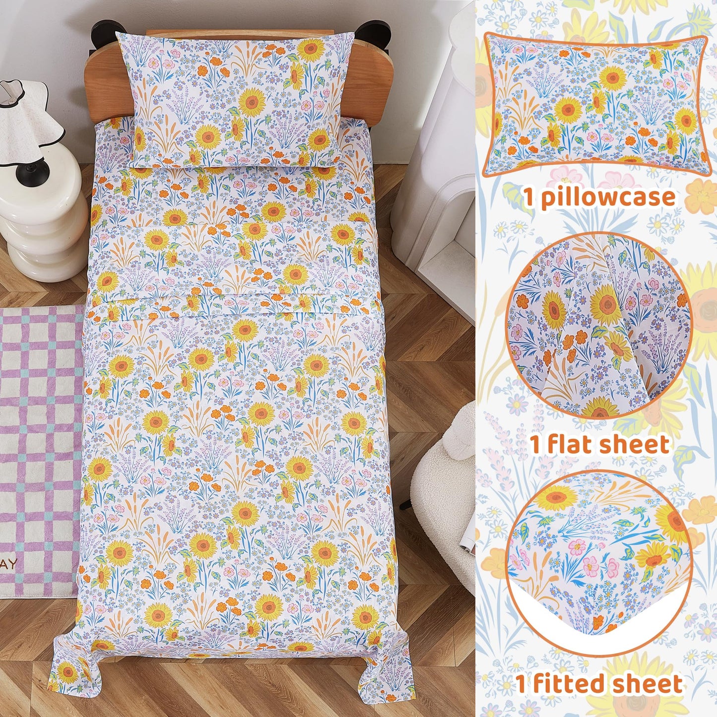 Viviland 3 Pieces Girls Floral Spring Twin Sheet Set - Soft Microfiber Fitted Flat Sheets & Pillowcase Bed Sheet Set - Summer Sunflower Print Bedding Sets for Kids