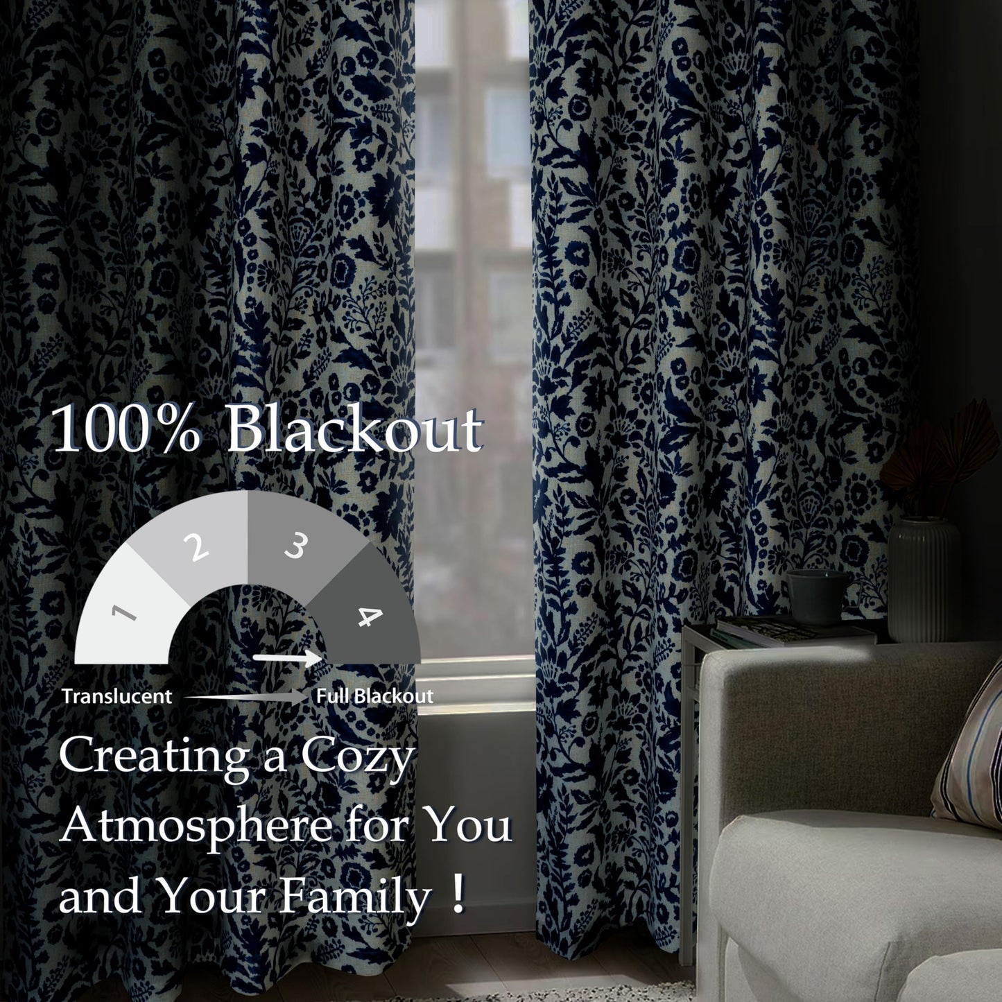 DriftAway Julia 100% Blackout Linen Curtains for Bedroom Navy Floral Watercolor Pattern Double Layer Thermal Insulated Sound Reducing Drapes for Living Room Grommet 2 Panels Each W52 x L84 Linen Navy