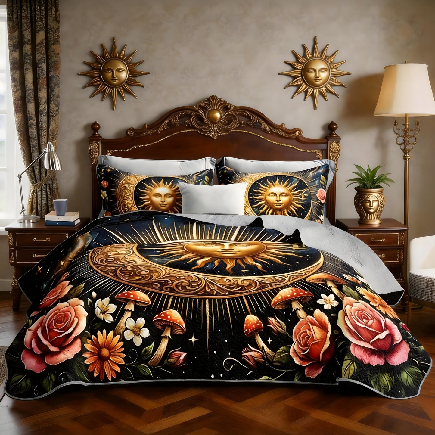 UEVBF Golden Sun and Moon Quilts Set Queen Size,3Pcs Fantasy Flowers and Mushrooms Bedspread for Kids Adults Girls Women Room Decor,Exotic Bohemian Style Bedding Sets with 2 Pillowcases.