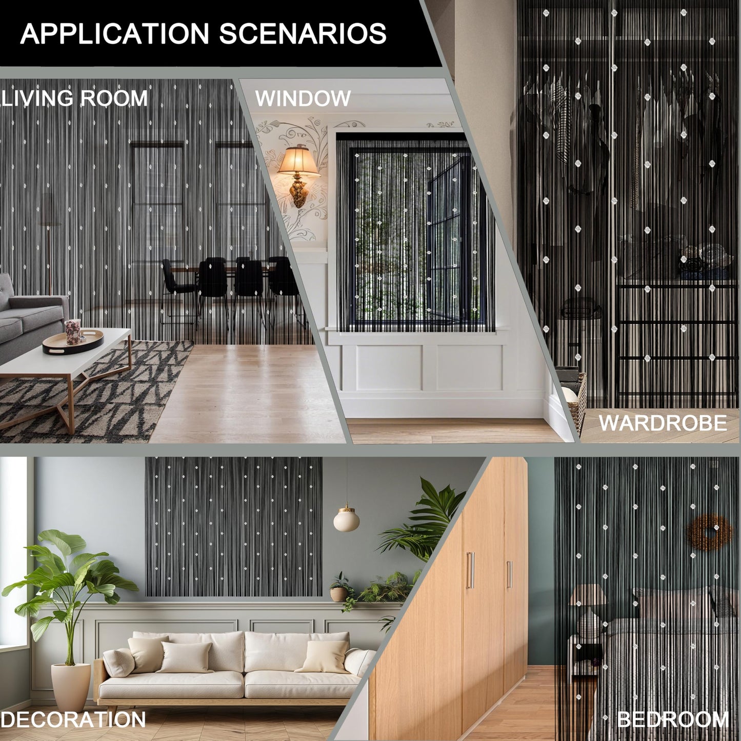 Beaded String Curtains for Doorways Boho Bedroom Decor Hanging Door Wall Beads Closet Window Curtain Room Divider Privacy Decorative (Black, 39" W x 79" L)