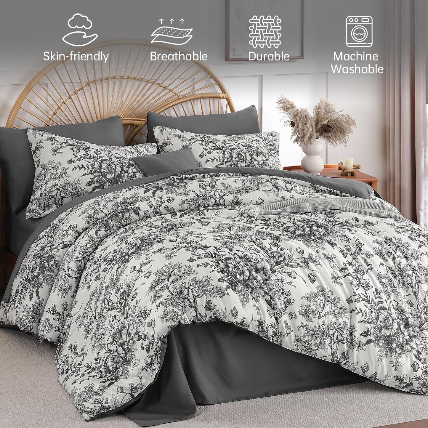 Dinjoy Queen Comforter Set - 8 Pieces Floral Comforter Set Black and White, Bed in a Bag Queen with Botanical Print, Winter Soft Comforter Bedding Set with Sheets (Comforter 90"x90")