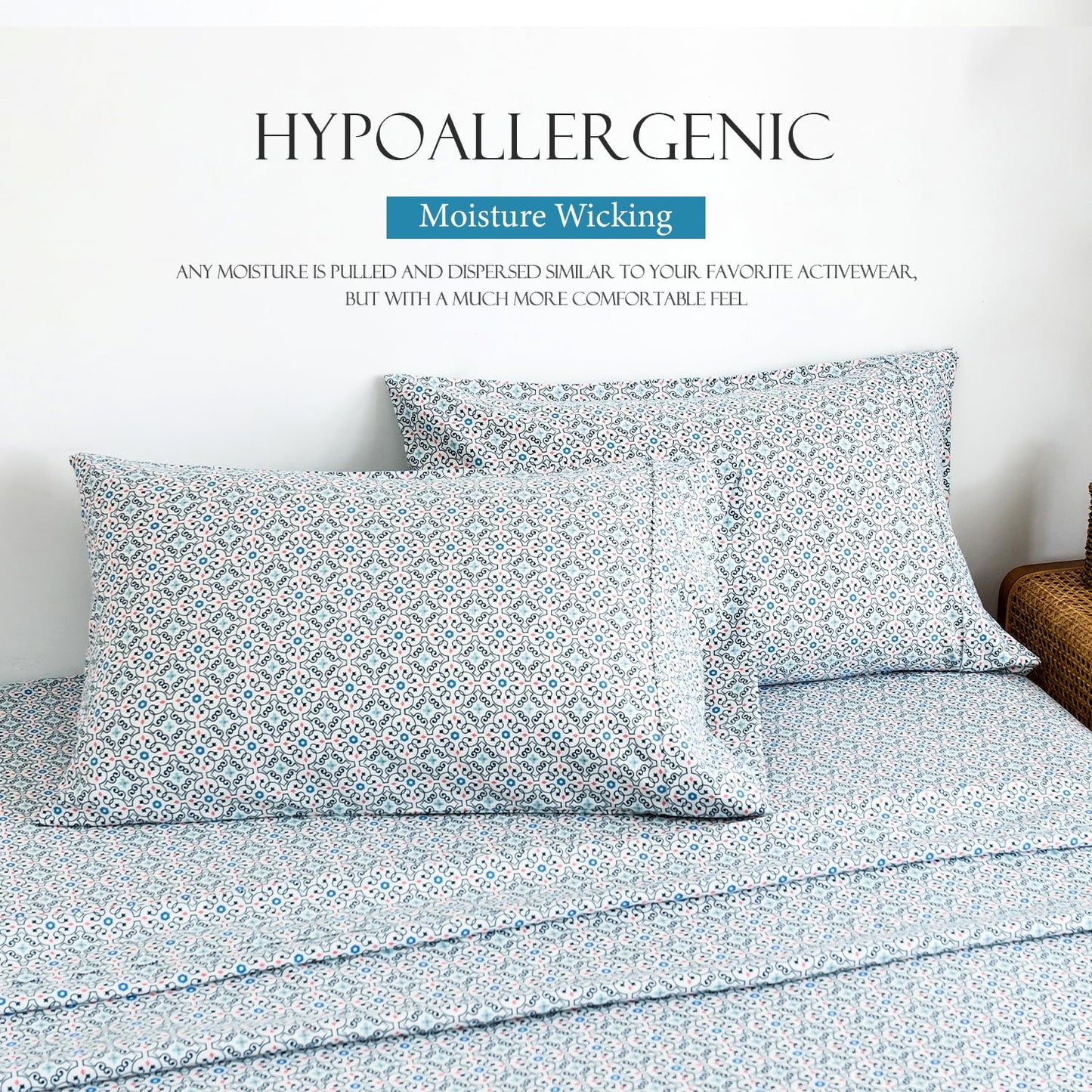 KACEMOO California King Sheet Set 4PC Blue Printed Sheets Floral Bed Sheet Boho Pattern Sheets Cooling Soft Deep Pocket Microfiber Brushed Sheet, Easy Care, Breathable, Wrinkle Free Bed Set