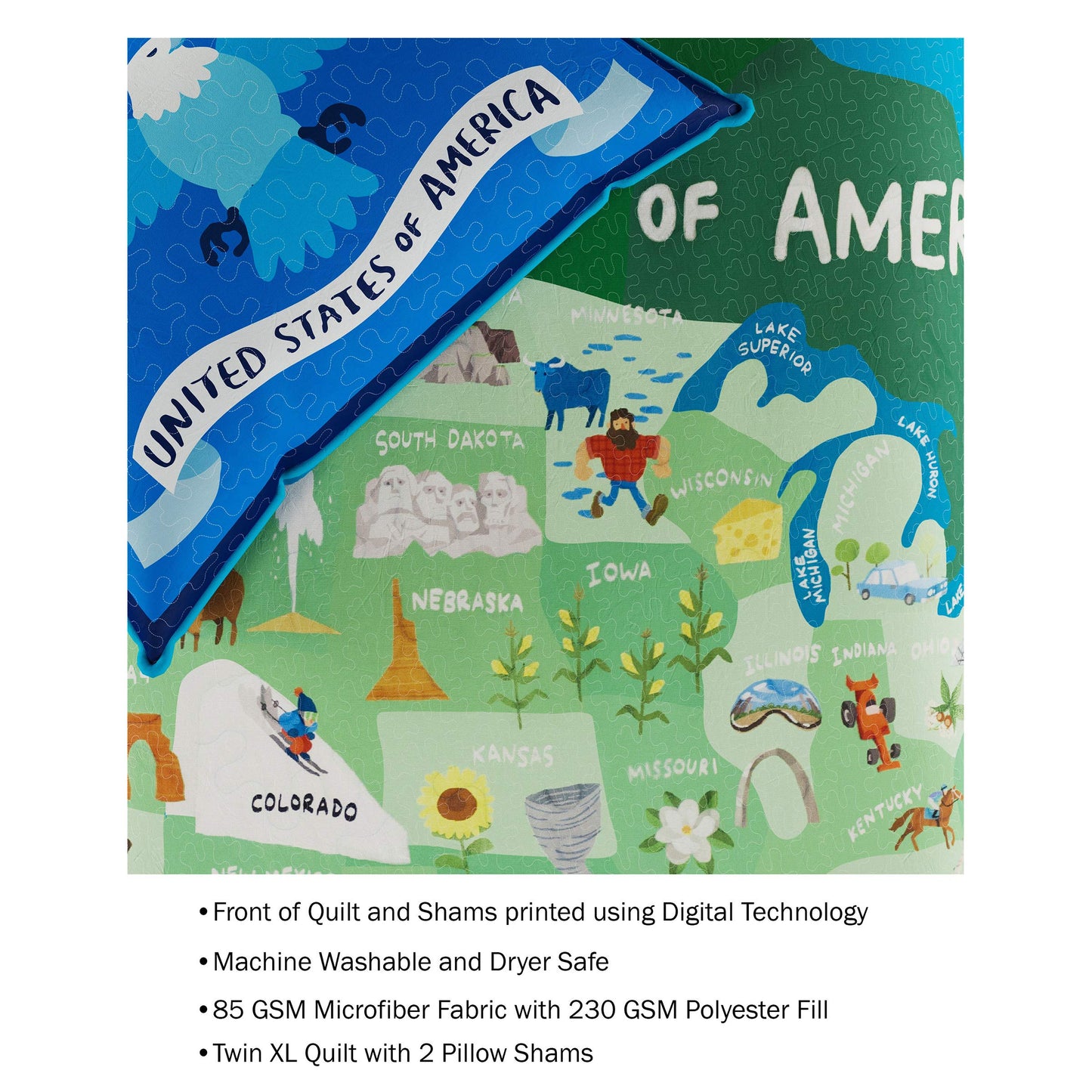 United States 3 Piece Quilt Set- Twin XL Bedding & 2 Pillow Shams-Hypoallergenic Microfiber-Landmarks & Icons of the 50 States & American Eagle by LHC