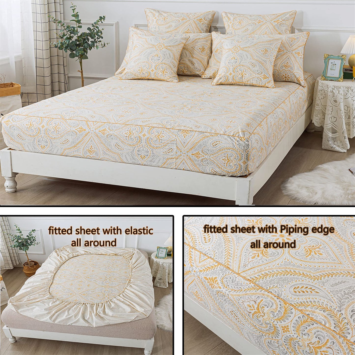 FADFAY Luxury Sheets Set Full Classical Damask Paisley Bedding Luxurious Gold Classy Paisley Bed Sheet Set Breathable 100% Cotton Ultra Soft Hypoallergenic Deep Pocket Fitted Sheet 4Pcs, Full Size