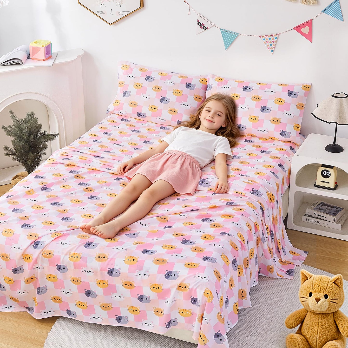 CozySmile Twin Sheet Set Kids,3 Pieces Breathable Soft Microfiber Bedsheets for Child Girls, Oeko-TEX, Anti Pilling Deep Pockets Easy Care Bed Sheets, Cat Plaid