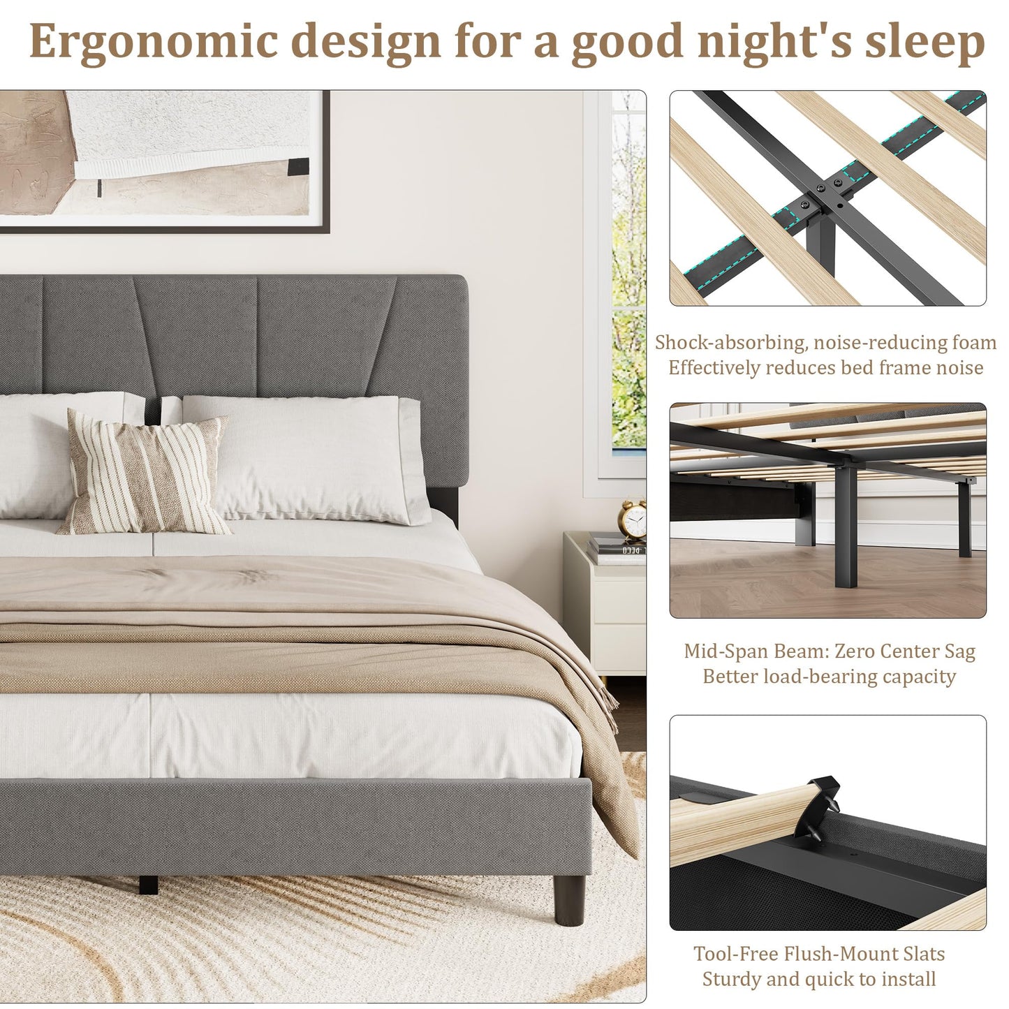IDEALHOUSE Full Size Bed Frame with Upholstered Headboard, Heavy Duty Platform Bed Frame with Strong Wood Slats, Adjustable Headboard, Noise-Free, No Box Spring Needed, Easy Assembly