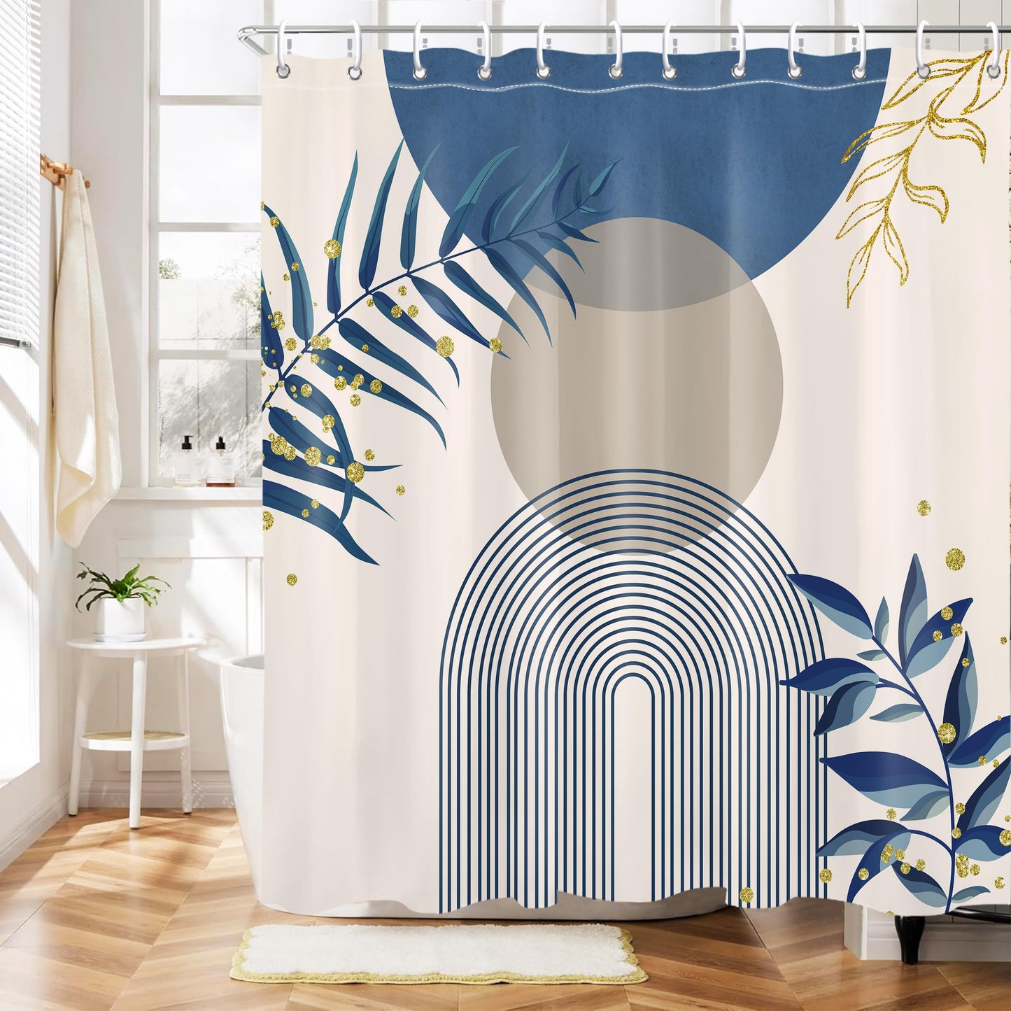 Mayormyth Boho Blue Shower Curtain Bohemian Modern Shower Curtains for Bathroom Decor Abstract Geometric Gold Plant Shower Curtain Set Polyester Waterproof Cloth Fabric with Hooks 72x72 Inches